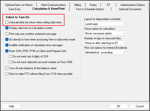 Image of Autocalculate tax return" check box on "Calculation and View/Print" tab of Setup > Options